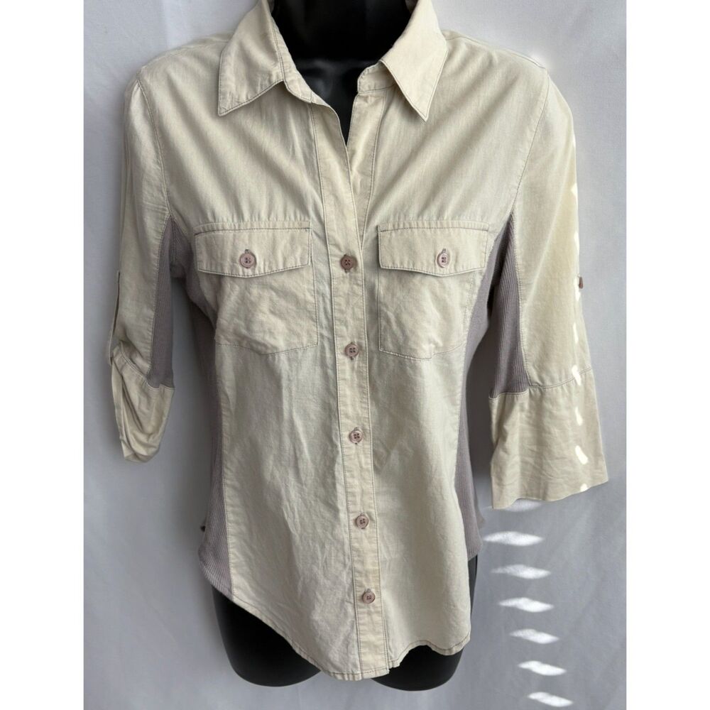Toska Womens Khaki Button Down Hiking Shirt Size S Rolltab Sleeve Outdoors Camp